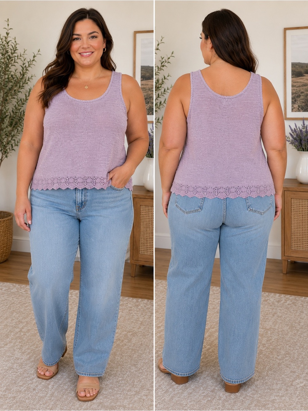 ANA A New Approach Lavender Knit Tank Top XXL Crochet Hem